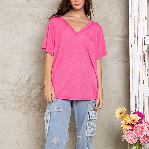 NWT POL Basic And Soft Slub V Neckline Tee In Flamingo Pink - Picture 1 of 5